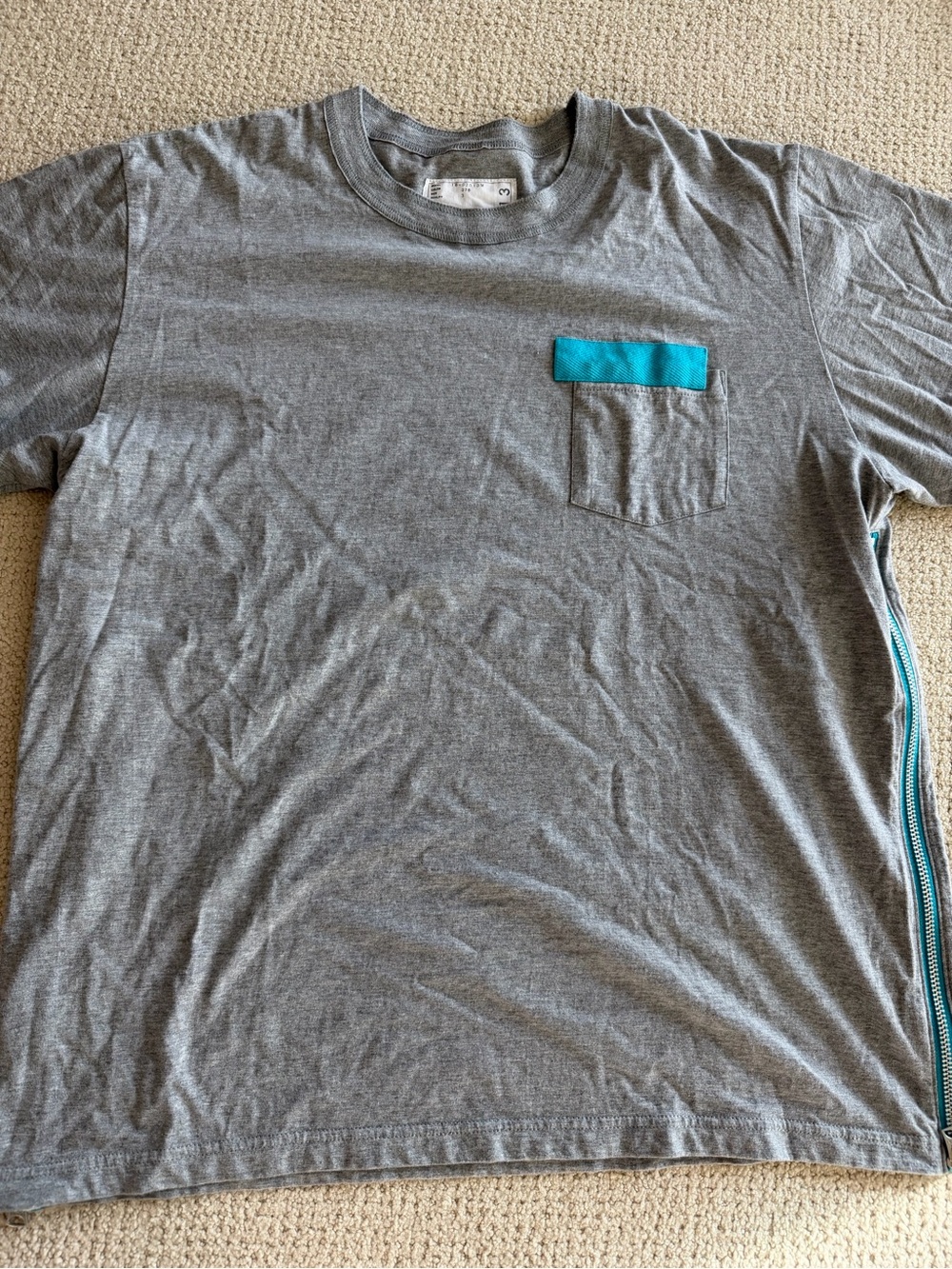 Sacai Gray Short Sleeve Tee with Blue Accent Pocket